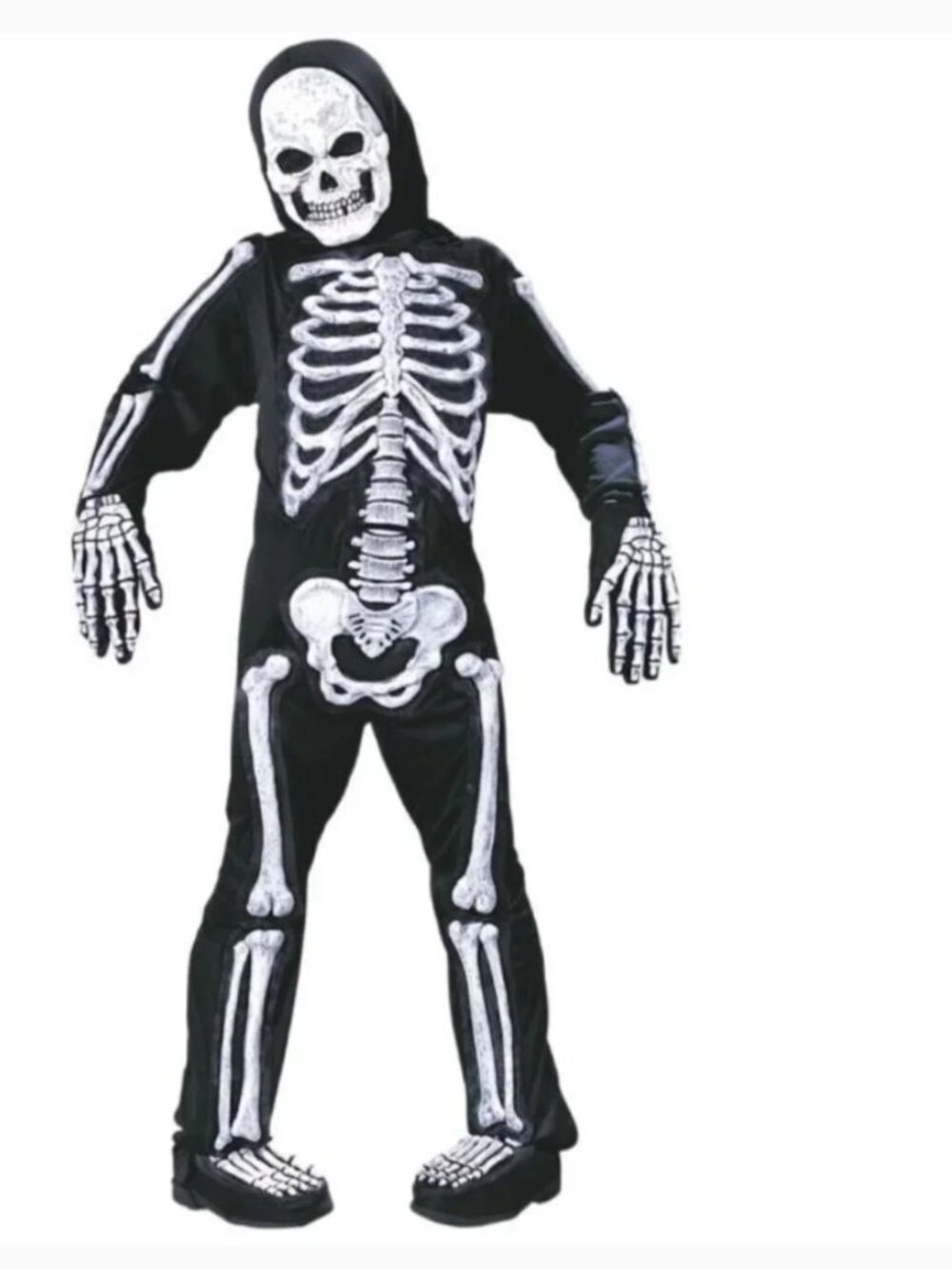 Skeleton Halloween Costume 12/14 White Skelebones 3-D Jumpsuit, Mask 6 Pc Boys